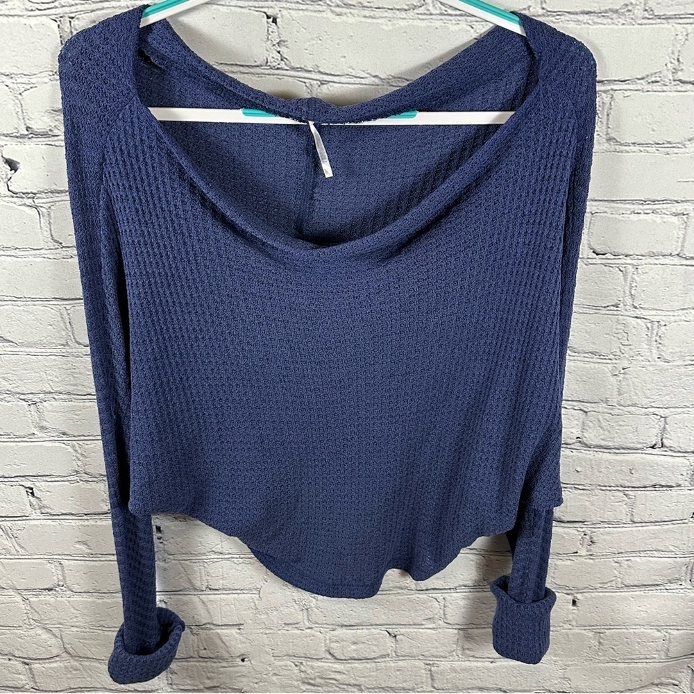 Free People Dripped Thermal Mercury Tee Waffle Dolman Sleeve Off Shoulder Navy S